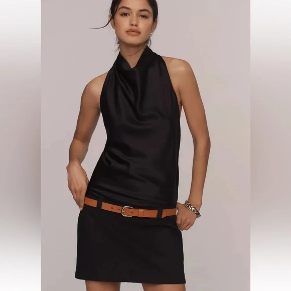 Anthropologie Maeve Cowl-Neck Belted Mini Dress $178 Black S NO BELT - Picture 3 of 7